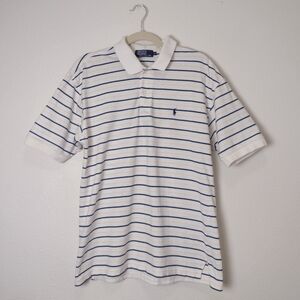 Vintage Polo Ralph Lauren Y2K White Blue Striped Short Sleeve Cotton Polo Shirt